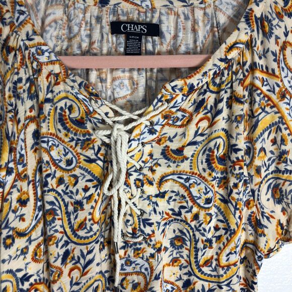 Chaps Semisheer Blouse Yellow Multicolor Short Sleeve Women Size S Lace Up - Picture 4 of 7